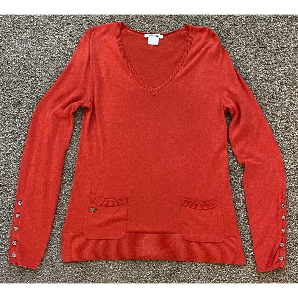 Lacoste‎ Sweater Womens Red V Neck Pullover Ladies Casual Preppy Size 38
